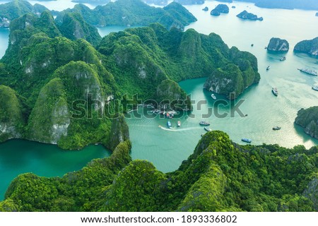 Halong Bay, Vietnam. Unesco World Heritage Site. Ha Long Bay, in the Gulf of Tonkin, includes some 1,600 islands and islets. Beautiful landscape. View from above. Aerial view of Ha Long bay