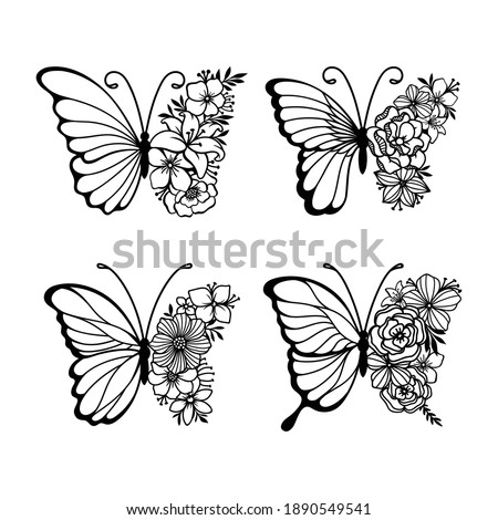 Set of line art butterflies, monochrome illustration butterflies
