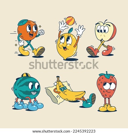 Set Of hand drawn retro cartoon fruits