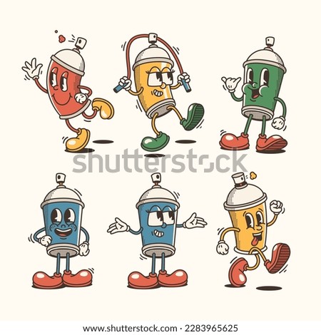 Set of Trendy spray paint cans Characters, Vintage character vector art collection