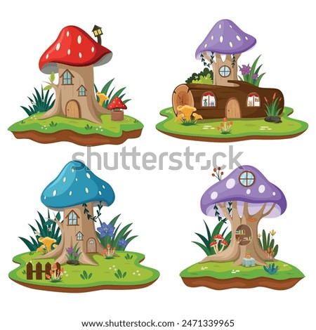 Fairytale mushroom houses, forest fairy home in plants and berries, Cute fantasy houses gnomes isolated vector illustration collection