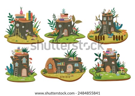 Fairytale mushroom houses, forest fairy home in plants and berries, Cute fantasy houses gnomes isolated vector illustration collection