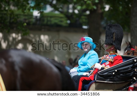 LONDON - JUNE 13: The Queen Elizabeth II and The Duke of Edinburgh on Horse Guards Parade, June 13, 2009 in London, England.