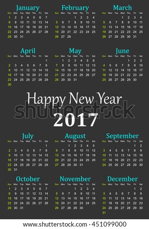 2017 Vector Calendar In Black Background - 451099000 : Shutterstock