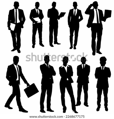 
Vector silhouettes of men and women, group of business people standing, black color isolated on white background, logo, icon