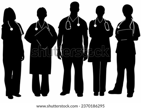 Set of doctor and nurse hospital worker icon silhouettes, on white background