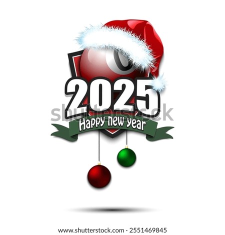 Happy new year 2025. Billiard logo template design. Billiard ball in santa hat. Design pattern for greeting card, banner, poster. Vector illustration on isolated background