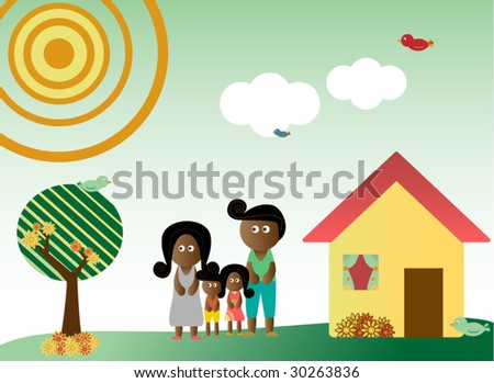 Retro style african american family in a background with tree, sun, clouds, flowers and birds