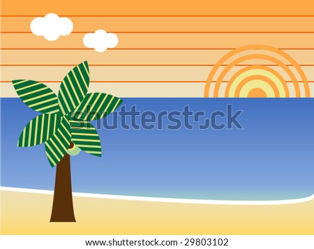 Retro Beach Sunset Landscape with palm tree