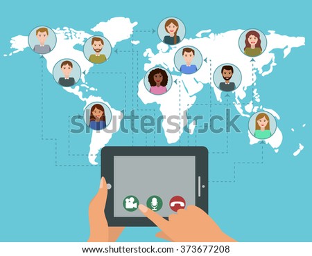 Vector video conference call concept of world global communication. Video tutorial, online courses, online education. Illustration for website banner, article, post. WebRTC concept.