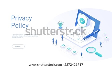 Privacy policy landing page template. Personal data security. Online file server protection. Can be used for web banners, infographics. Isometric modern vector illustration.