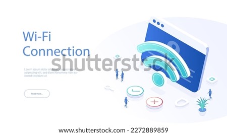 Wi Fi connection landing page template. Internet access through wireless technologies. Wi-Fi icon and browser. Can be used for web banners, infographics. Isometric modern vector illustration.