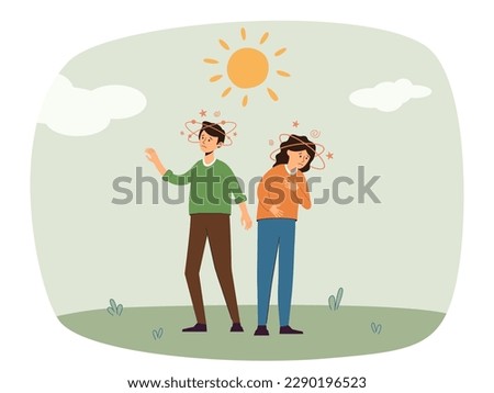 Healthcare concept of exhausted, sunburn, summer day, high temperature. Heat stroke symptoms high body temperature, sweat, perspire, headache, red skin, dehydration. Isolated vector illustration.