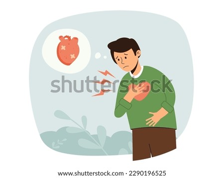 Heart disease concept. Man with heart attack or heartache symptom. Heart blemish, a scar on the heart. Man with sharp pain in his chest, sign of serious illness. Reason to see a doctor.