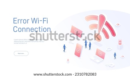 No WiFi range available or wi-fi restricted area concept. Red cross over wifi icon. Hotspot access point for false, problem, fail to connect. Broadcasting area with WiFi. 3d isometric vector.