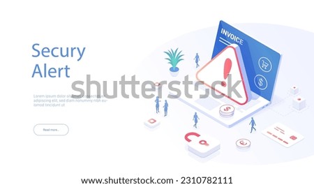 Security alert concept. System error. Laptop problem attention, exclamation mark. People next to the laptop solve the problem. Modern 3d isometric illustration.