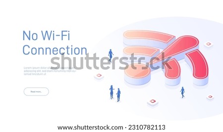 No WiFi range available or wi-fi restricted area concept. Red cross over wifi icon. Hotspot access point for false, problem, fail to connect. Broadcasting area with WiFi. 3d isometric vector.