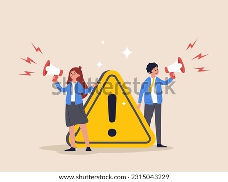 Important announcement concept. Attention or warning information, breaking news or urgent message communication, alert and beware, business people announce on megaphone with attention exclamation sign