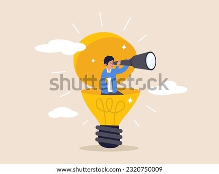 Searching for success concept. Creativity to help see business opportunity, vision to discover new solution or idea, curiosity, businessman open lightbulb idea using binoculars to see business vision.