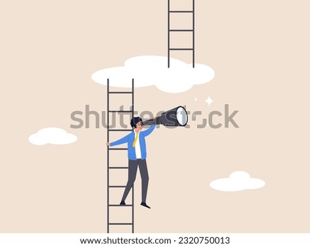 Growth or growing concept. Progress to next level, career development or business improvement reaching better quality, ambitious businessman climbing up ladder to cloud level to reach next level.