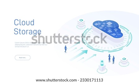 Cloud storage for download, upload information. Data in database on cloud services. Digital service or application with data transmission. Network computing technologies. Futuristic 3d Server.