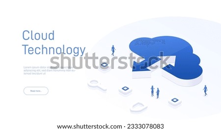 Cloud technology. Isometric cloud storage sign with two arrows up and down. Cloud computing, big data center, future infrastructure, digital ai concept. Virtual hosting symbol. 3d vector illustration