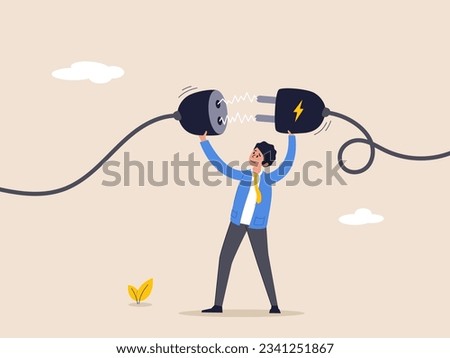 Business continuity concept. Energy recharge or connecting people to advance or surpass work difficulty concept, businessman manager connecting power cord to continue business.