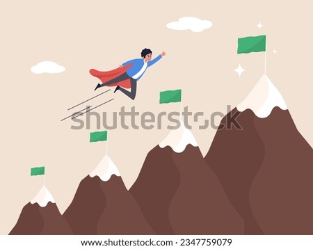 Goal or business target. Challenge to achieve success milestone, winning mission or career development, growth or progress journey, aspiration concept, businessman super hero fly to mountain summit.