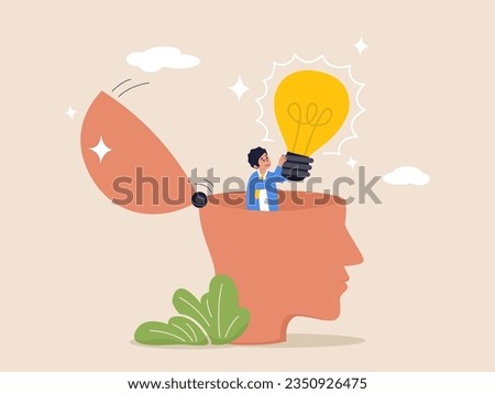 Discover new idea concept. Eureka moment. Solution to solve problem, business insight, inspiration or creativity innovation, Aha moment, man with eureka moment discover lightbulb idea in his head.