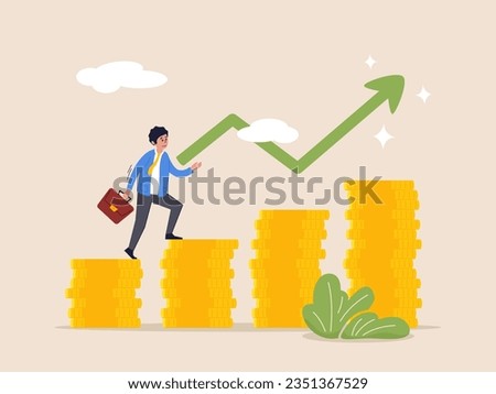Business concept. Moving up motivation. Money, investment and career growth metaphor. Young woman or running and climbing up to her goal on the stack of coins. Modern vector illustration.