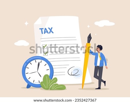 Tax time reminder concept. Income tax planning, government payment date or financial refund, schedule or revenue calculation, businessman holding pencil with tax paper document and alarm clock.