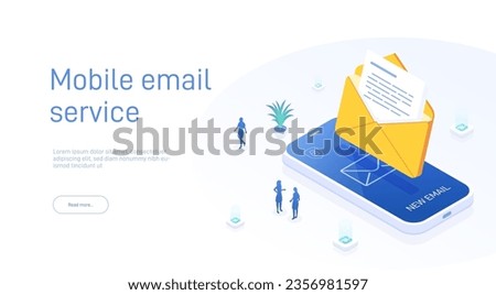 Email service concept. Electronic mail message as part of business marketing. Webmail or mobile service layout for website landing header. Newsletter sending background. Isometric vector.