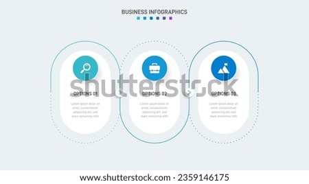 Timeline infographic with infochart. Modern presentation template with 3 spets for business process. Website template on white background for concept modern design. Horizontal layout.