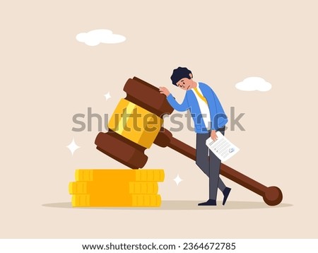 Traffic charge bill concept. Penalty fine to pay for prohibited legal, charge and expense punishment notice, sad man holding fine notice with law gavel on top of money coins stack.