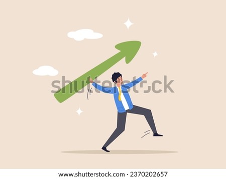 Business growth concept and improvement, target high profit, stock market soaring, bull market or economic prosperity, strong businessman throwing green rising up arrow javelin.