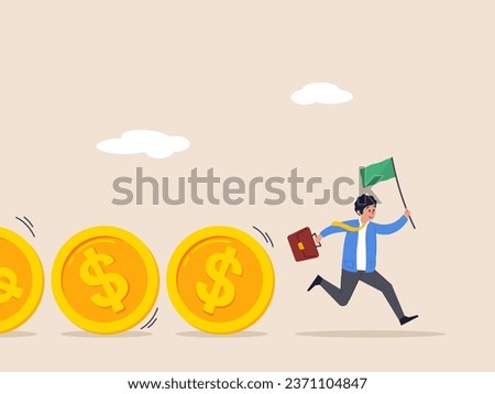 Profit concept. Cash flow, investment fund flow, fund raising, bank loan or financial activity to making money, Businessman leader or investor holding flag control flow of money Dollar coins.