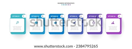 Timeline infographic with infochart. Modern presentation template with 6 spets for business process. Website template on white background for concept modern design. Horizontal layout.