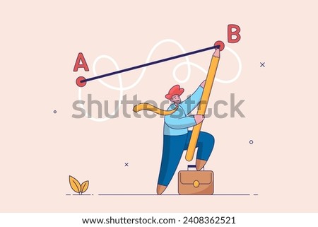 Easy or shortcut way to win business success or hard path and obstacle concept. Man holding pen in hand leads a drawing line from point A to point B, Straight and complicated path.