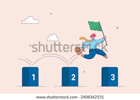 Business success concept. Journey or execution to achieve. Project milestone to progress toward business goal, skillful businessman holding success flag jumping on milestones reaching target.