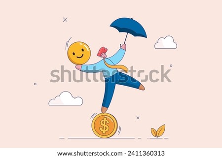 Balance between money and happiness, wealth and health, businessman holding umbrella balancing himself on stack of smile face and dollar coin. Choosing meaningful life and real success concept.