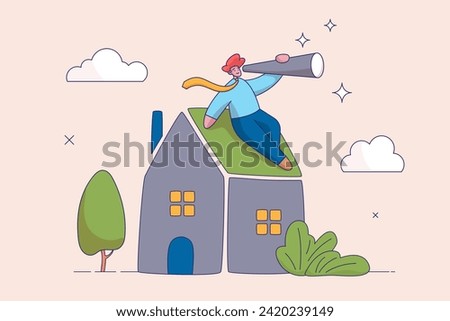 Real estate and housing investment opportunity. Future mortgage or Reit profit concept. Property growth forecast or vision, businessman investor with telescope climb up house chimney to see vision.