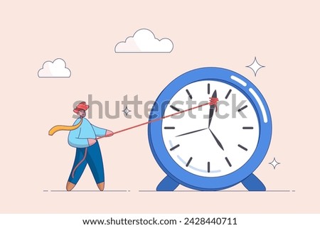 Deadline or time management concept. Running out of time. Sad or stressed man or employee or office worker pushing minute hand of broken clock towards anti clockwise. Vector character illustration.