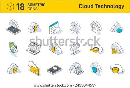 Set of isometric cloud technology icons isolated on white background. Computing, Computer cloud and Cloud Hosting. Contains such Icons as Data Sync, Transfer, Cloud Settings and more.