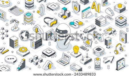 Technology isometric 3d background. AI robot surrounded by technology icons. Server equipment, laptop and virtual reality, Cloud technology, Big data, artificial intelligence, blockchain, game icons.