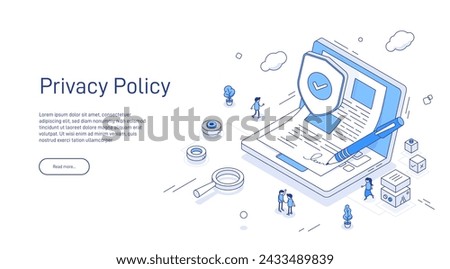 Privacy policy landing page template. Personal data security. Online file server protection. Can be used for web banners, infographics. Isometric modern vector illustration.