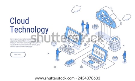 Cloud storage isometric. Computer service technology. Network infrastructure. Data server platform. Online devices upload, download information. Data in database on cloud services. 3d illustration