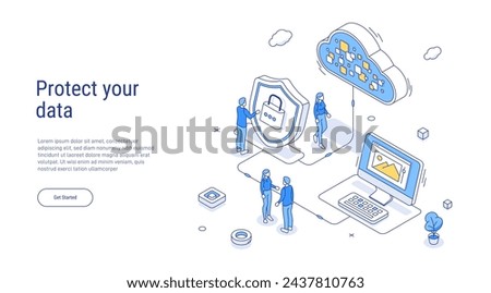 Security cloud storage. Internet security isometric concept. Isometric concept protection network and data. Data security, protection, management, server, access. 3d isometric vector illustration.