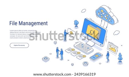 File management concept. Character search, share and secure transfer documents, folders and other data from devices in cloud database storage. Outline isometric. 3d line vector illustration.