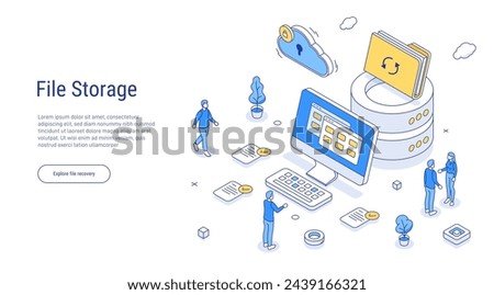 File storage concept. Conceptual template with man standing on laptop computer.Scene for electronic file organization service. For web banner, infographics, hero images. Flat isometric illustration