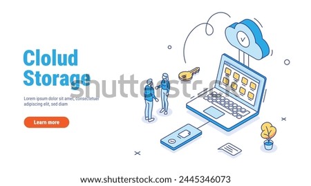 Cloud storage concept with pc, laptop, smartphone. Process of synchronizing files between your phone, computer or laptop and cloud storage. Outline style Isometric vector illustration isolated white.